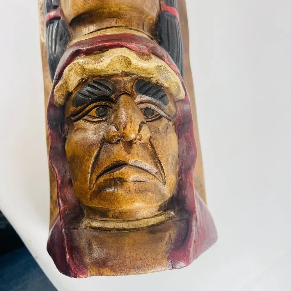 Native American 3-Face Wood Totem Pole Beaver Hand Carved Sculpture 16